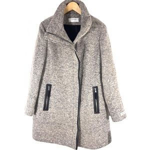 Calvin Klein gray boucle cocoon coat with faux leather details
